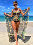Conjunto Maiô Estruturado E Saída De Praia Estampada Luxo