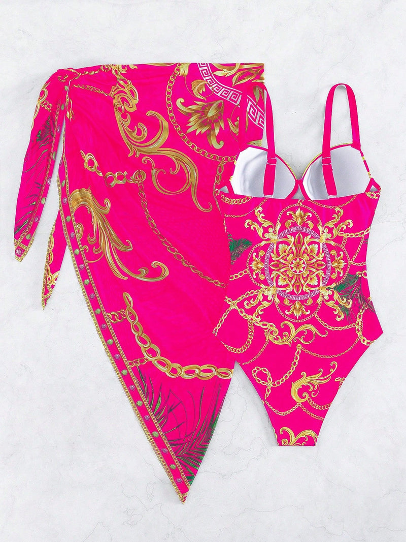 Conjunto Maiô Estruturado E Saída De Praia Estampada Luxo