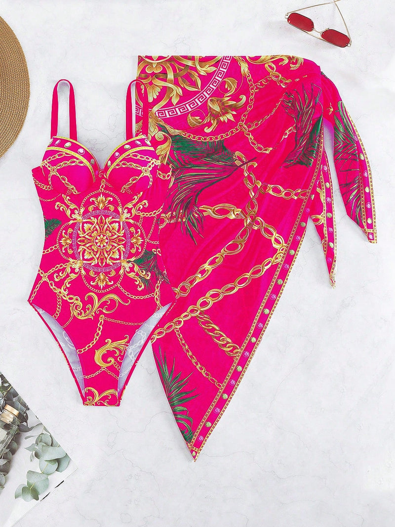 Conjunto Maiô Estruturado E Saída De Praia Estampada Luxo