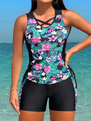 Tankini Com Estampa Tropical E Amarração Nas Laterais