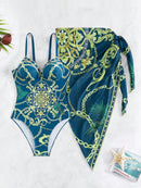 Conjunto Maiô Estruturado E Saída De Praia Estampada Luxo