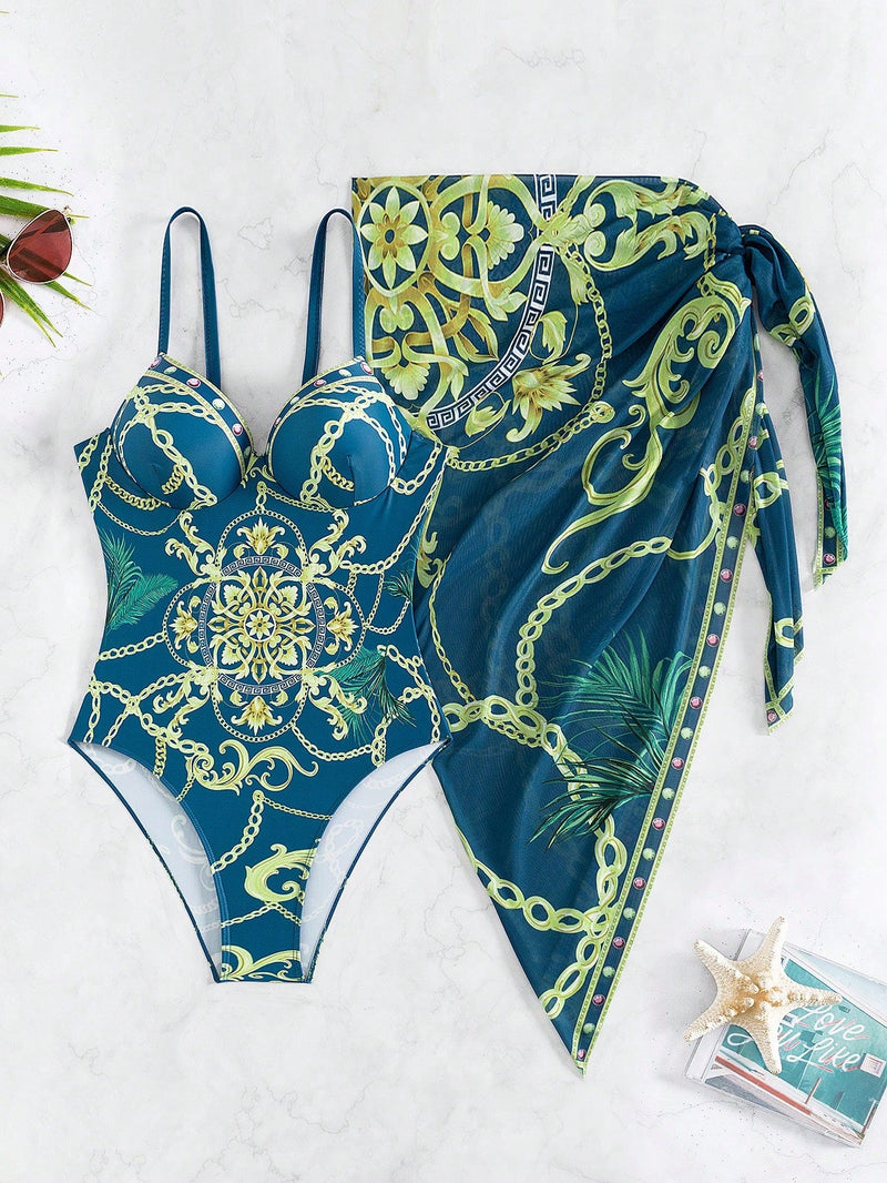 Conjunto Maiô Estruturado E Saída De Praia Estampada Luxo