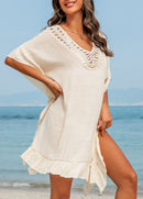 Saída de Praia Kaftan Com Decote Trabalhado e Fenda Lateral