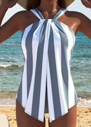 Maiô Listrado Frente Única Com Caimento Plissado