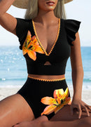 Conjunto Praia Top com Manga Babado e Estampa Floral