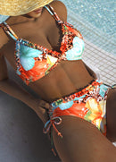 Biquíni Floral Cintura Alta Com Detalhes Trançados
