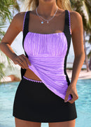 Tankíni Franzido Com Contraste Lateral E Saia Lisa