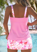 Tankíni Canelado Com Decote Torcido E Estampa Vibrante