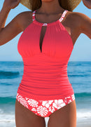 Tankíni Franzido Com Recorte Frontal E Alças Estampadas