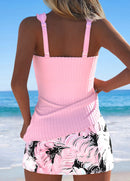 Tankíni Canelado Com Babados E Estampa Tropical