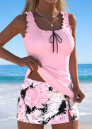 Tankíni Canelado Com Babados E Estampa Tropical