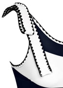 Maiô Um Ombro Só Estampado Com Laço E Acabamento Zig Zag