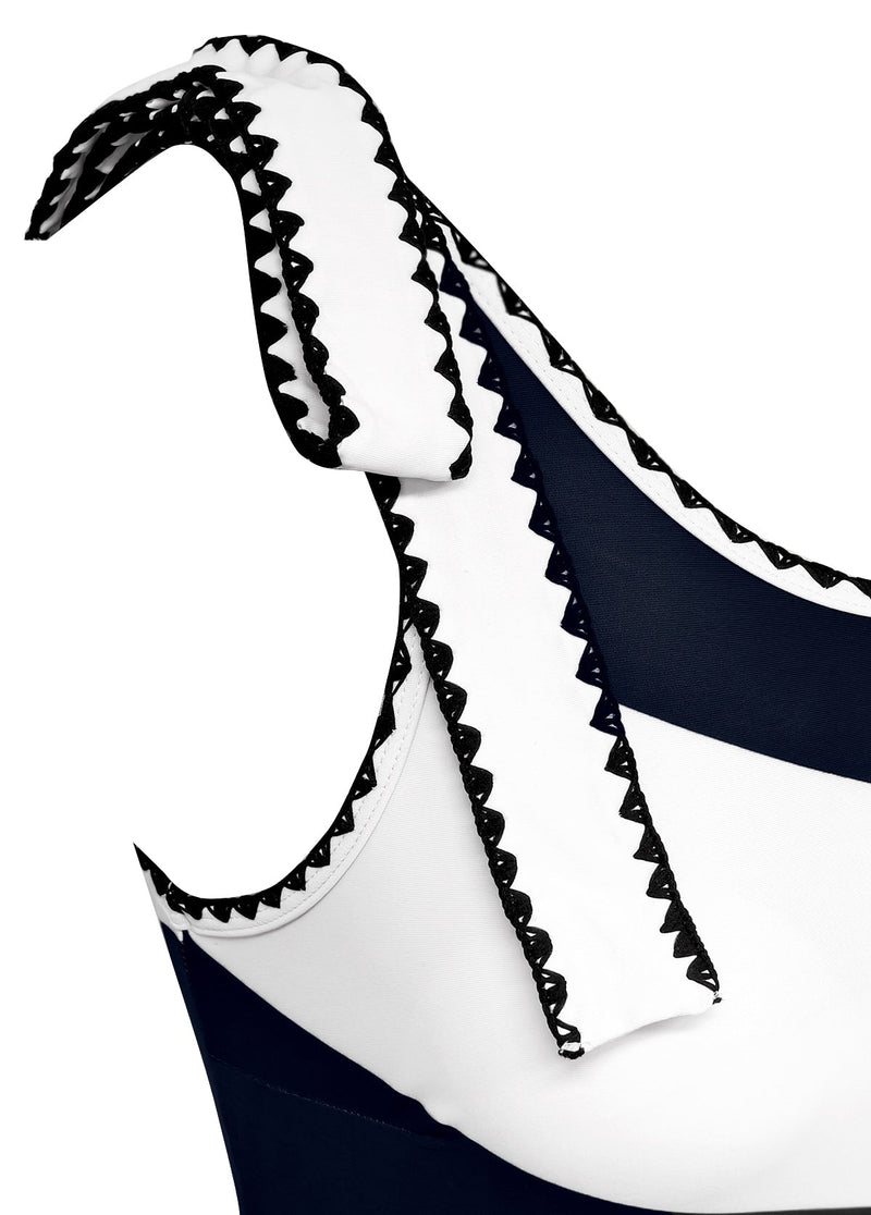 Maiô Um Ombro Só Estampado Com Laço E Acabamento Zig Zag