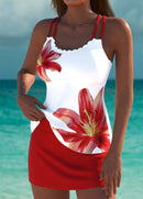 Tankíni Floral Com Alças Duplas E Acabamento Ondulado