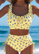 Biquíni Floral Cintura Alta Com Babados E Amarração