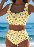 Biquíni Floral Cintura Alta Com Babados E Amarração