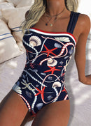 Maiô Estampado Náutico Com Alça Assimétrica E Decote Reto