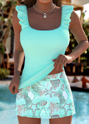 Tankíni Canelado Com Babados E Estampa Marinha