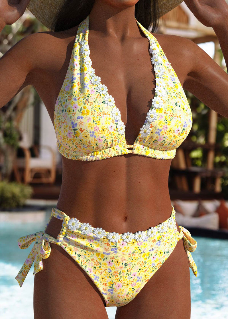 Biquíni Floral Com Acabamento Em Renda De Margaridas