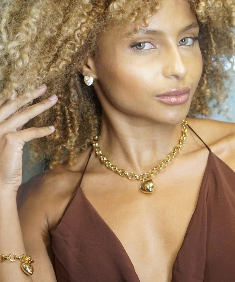 Conjunto Colar e Pulseira Elo Português e Brincos de Coração