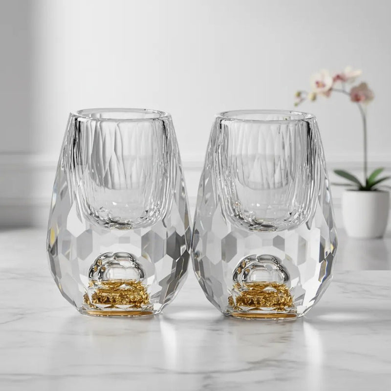 Copo Diamante Luxo com Fundo Duplo e Lascas Douradas para Baijiu, Licor, Cachaça, Tequila e Shots