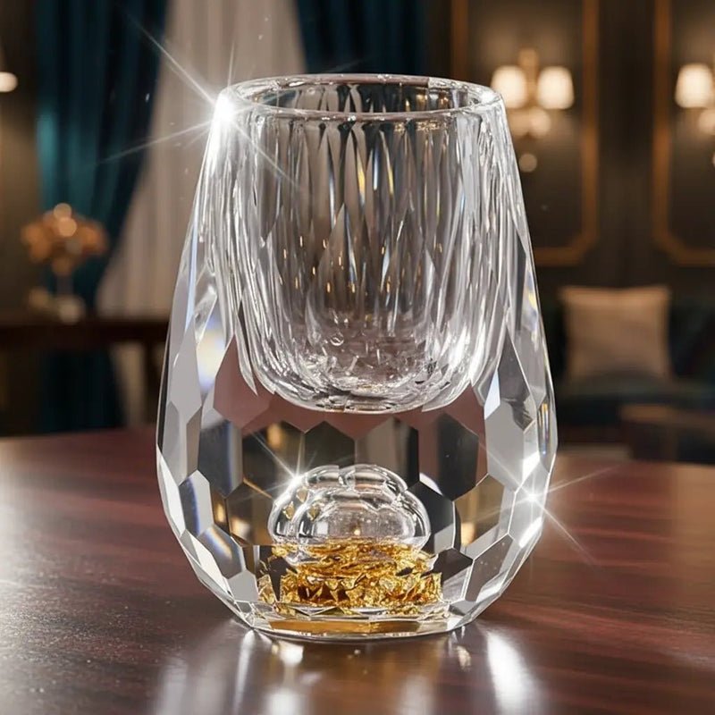 Copo Diamante Luxo com Fundo Duplo e Lascas Douradas para Baijiu, Licor, Cachaça, Tequila e Shots