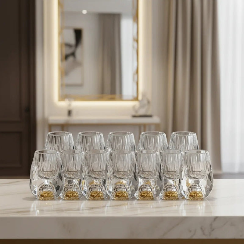 Copo Diamante Luxo com Fundo Duplo e Lascas Douradas para Baijiu, Licor, Cachaça, Tequila e Shots