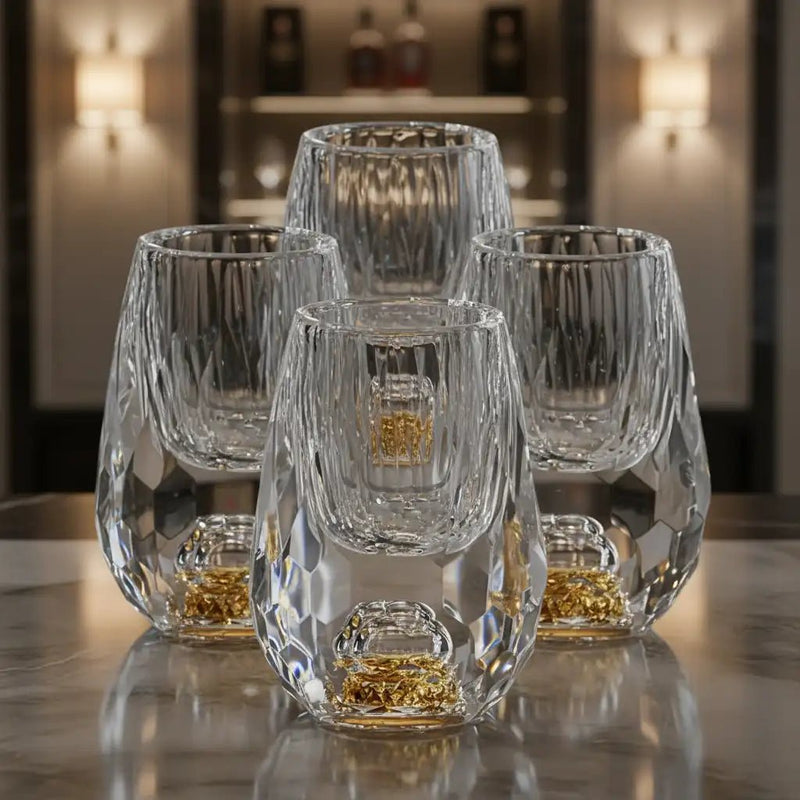 Copo Diamante Luxo com Fundo Duplo e Lascas Douradas para Baijiu, Licor, Cachaça, Tequila e Shots